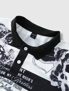 ROMWE MEN Áo nỉ nam cổ polo dáng rộng họa tiết Cupid kẻ sọc - Đen và trắng - Xem 3