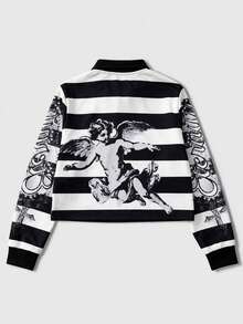 ROMWE MEN Áo nỉ nam cổ polo dáng rộng họa tiết Cupid kẻ sọc - Đen và trắng - Xem 9