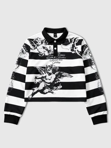 ROMWE MEN Áo nỉ nam cổ polo dáng rộng họa tiết Cupid kẻ sọc - Đen và trắng - Xem 8