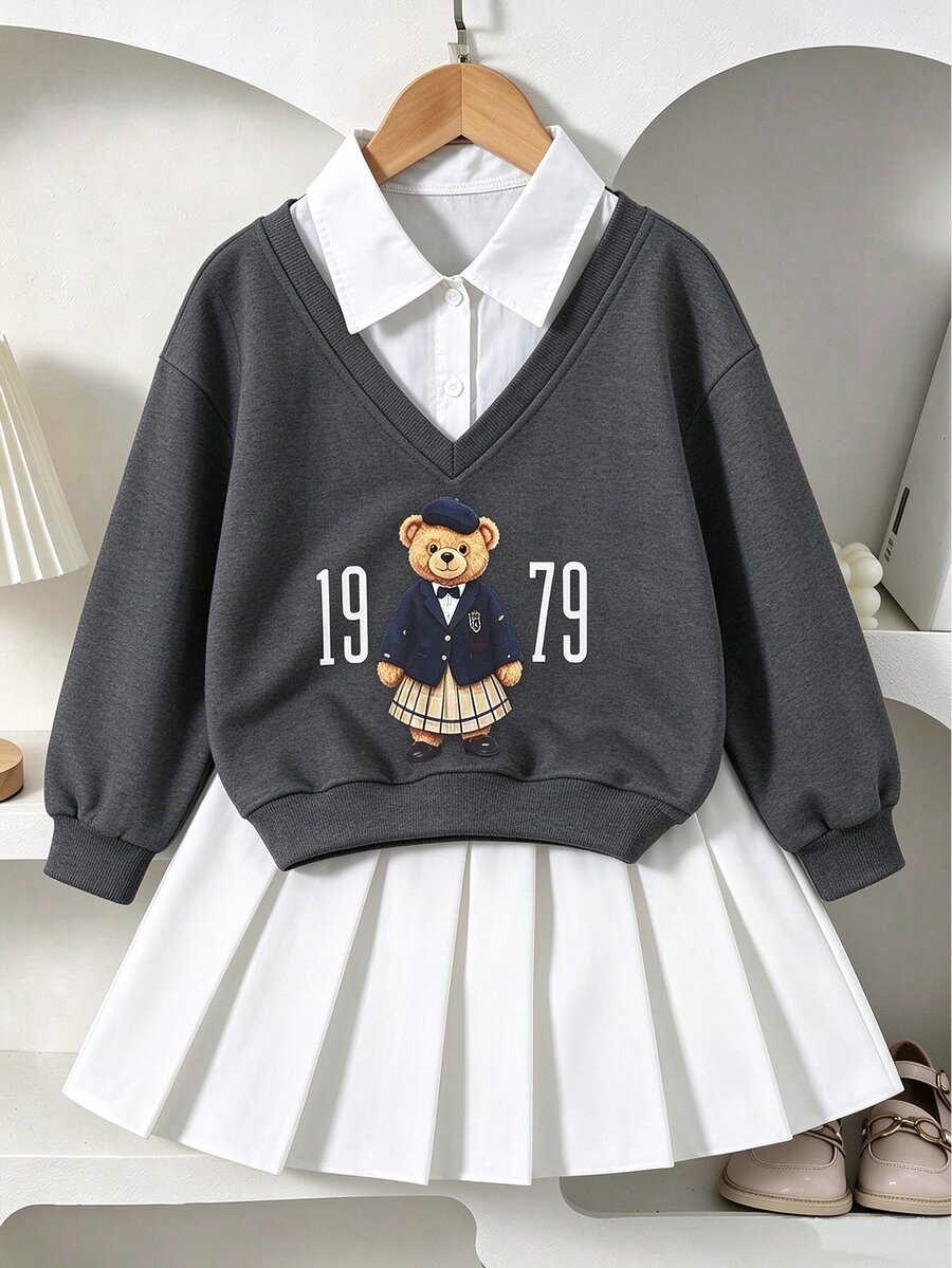 青少年女孩秋季套裝 2件組，清新學院風女童春秋校園穿搭，復古開學穿搭，寬鬆針織休閒風 - 彩色 - 查看 1