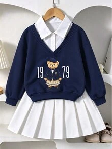 青少年女孩秋季套裝 2件組，清新學院風女童春秋校園穿搭，復古開學穿搭，寬鬆針織休閒風 - 彩色 - 查看 3