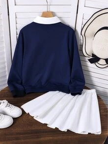 青少年女孩秋季套裝 2件組，清新學院風女童春秋校園穿搭，復古開學穿搭，寬鬆針織休閒風 - 彩色 - 查看 2