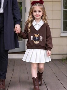 青少年女孩秋季套裝 2件組，清新學院風女童春秋校園穿搭，復古、開學季、寬鬆、針織、休閒、秋季 - 彩色 - 查看 4