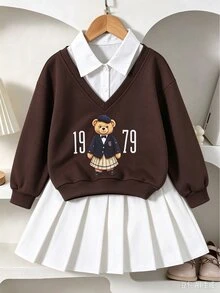 青少年女孩秋季套裝 2件組，清新學院風女童春秋校園穿搭，復古、開學季、寬鬆、針織、休閒、秋季 - 彩色 - 查看 3
