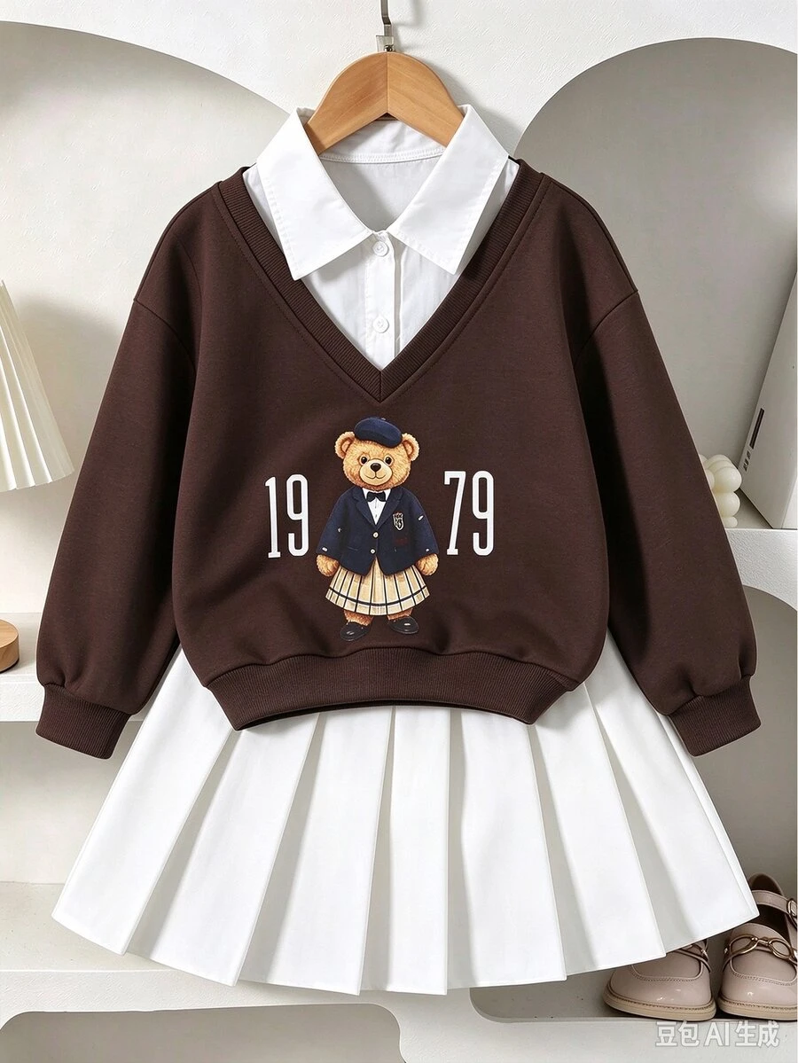 Tween Girls Fall Outfits 2pcs Set,Girls Fresh Academy Style School Spring Autumn Outfit, Vintage, Back To School,Loose,Knit, Casual,Fall - Multicolor - View 1
