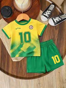 SHEIN 2pcs/Set Young Boys Casual Comfortable Sports Outfit,Summer Football Number 10 Logo Design Contrast Color Versatile Suit For Outdoor Beach,Green - Multicolor - View 3