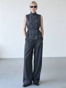 SHEIN Franclia Old Money Style Stand Collar Double-Breasted Waist-Cinching Vest Wide-Leg Pants 2 Pieces Set For Women, Elegant Casual Outfit Office Gray Summer - Dark Grey - View 5