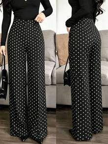 EMERY ROSE Plus Size Elegant Commuter Polka Dot Print Wide Leg Pants Fall - Multicolor - View 6