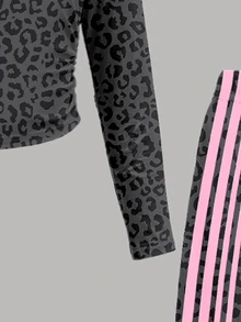 Tween Girls 2 Pcs Black Abstract Print Patchwork Long Sleeve T-Shirt & Wide Leg Pants Set, Casual Daily Wear, Winter Outfits - Multicolor - View 6