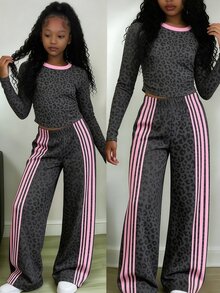 Tween Girls 2 Pcs Black Abstract Print Patchwork Long Sleeve T-Shirt & Wide Leg Pants Set, Casual Daily Wear, Winter Outfits - Multicolor - View 1