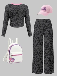 Tween Girls 2 Pcs Black Abstract Print Patchwork Long Sleeve T-Shirt & Wide Leg Pants Set, Casual Daily Wear, Winter Outfits - Multicolor - View 2