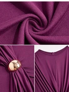 SOLERSUN Plus Size Women's Plum Purple Long Sleeve Jumpsuit With Twisted Ruched Waist And Metallic Details, Elegant Wide Leg Design, Suitable For Party, Evening Wear And Fashionable Occasions - Purple - View 7
