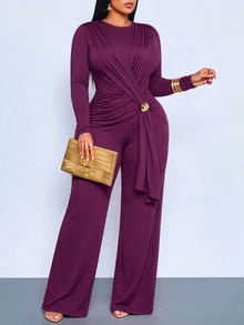 SOLERSUN Plus Size Women's Plum Purple Long Sleeve Jumpsuit With Twisted Ruched Waist And Metallic Details, Elegant Wide Leg Design, Suitable For Party, Evening Wear And Fashionable Occasions - Purple - View 2