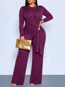 SOLERSUN Plus Size Women's Plum Purple Long Sleeve Jumpsuit With Twisted Ruched Waist And Metallic Details, Elegant Wide Leg Design, Suitable For Party, Evening Wear And Fashionable Occasions - Purple - View 4