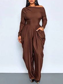 SOLERSUN Plus Size Sexy Elegant Women's Asymmetrical Shoulder Design Jumpsuit, Old Money Style, Long Sleeve Long Pants, Autumn/Winter - Coffee Brown - View 7