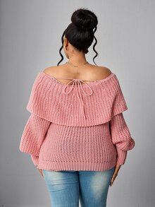 Maweii Plus Size Women's Ruffle Collar Tie Lantern Sleeve Loose Comfortable Fashion Pullover Sweater - Pink - View 5