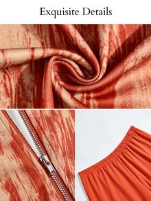 SOLERSUN Plus Size Vintage Print 2 Pieces Set, Plus Size Shawl Collar Cinched Waist A-Line Top And Draped Wide Leg Pants, Retro Textured Print, Mature Elegant Style For Daily Wear, Gatherings And Commuting - Orange - View 7