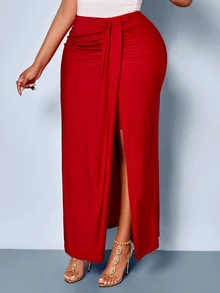 SOLERSUN Plus Size Women's High Waist Ruched Waist Front Tie Drape Split Bodycon Mid-Length Party Skirt, Autumn Outfit Christmas - Red - View 5