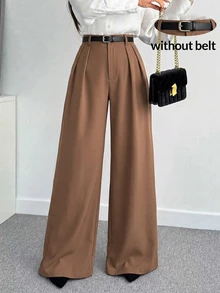 SHEIN Tall CURVE Plus Size Women Solid Color Pleated Wide Leg Loose Casual Long Pants Fall - Camel - View 1