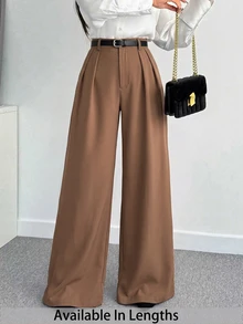 SHEIN Tall CURVE Plus Size Women Solid Color Pleated Wide Leg Loose Casual Long Pants Fall - Camel - View 3