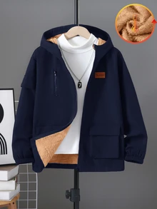 SHEIN Kids Tween Boy Casual Loose Hooded Jacket Padded Coat Solid Navy Blue Versatile Suitable For Sports School Spring Autumn Winter - Navy Blue - View 3