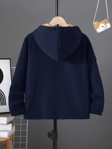 SHEIN Kids Tween Boy Casual Loose Hooded Jacket Padded Coat Solid Navy Blue Versatile Suitable For Sports School Spring Autumn Winter - Navy Blue - View 2