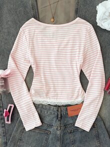 SHEIN Kids Tween Girl Early Autumn Spring Fashion Cute Pink Striped Long Sleeve Casual Lace-Paneled Hem T-Shirt Trim Patchwork Button Placket School - Pink - View 2