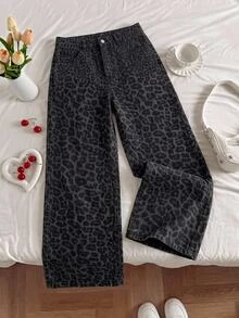 SHEIN Kids Tween Girl Leopard Print Button Pocket Casual Everyday Denim Jeans - Grey - View 2