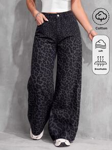 SHEIN Kids Tween Girl Leopard Print Button Pocket Casual Everyday Denim Jeans - Grey - View 3
