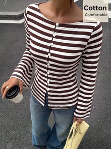 Siren Gaze 新款女款棕色條紋喇叭袖T恤，適合秋季，女士早午餐休閒法式辦公風上衣 - 杏色 - 查看 4
