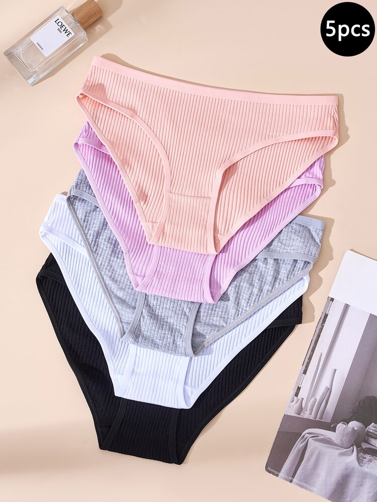 Teen Girls Underwear Ribbed 5pcs Solid All Seasons Daily Wear Gift Kids Set Cozy Soft Cute Casual Stretch Skin Friendly Everyday - Multicolor - View 4