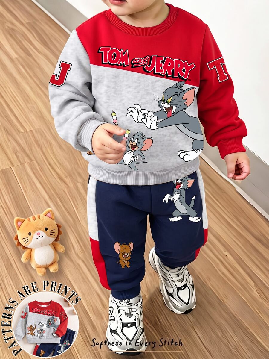 TOM & JERRY X SHEIN 小男孩字母卡通圖案長袖運動衫與慢跑褲兩件套 - 彩色 - 查看 1