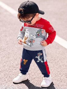 TOM & JERRY X SHEIN 小男孩字母卡通圖案長袖運動衫與慢跑褲兩件套 - 彩色 - 查看 3