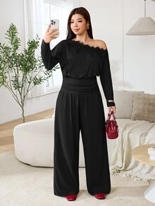 Solflare Plus Size Women's Fall/Winter Contrast Lace Asymmetrical Shoulder Long Sleeve Top And Wide Leg Pants Fashion 2 Pieces Set Fall,Black,Casual,Going Out - Multicolor - View 4