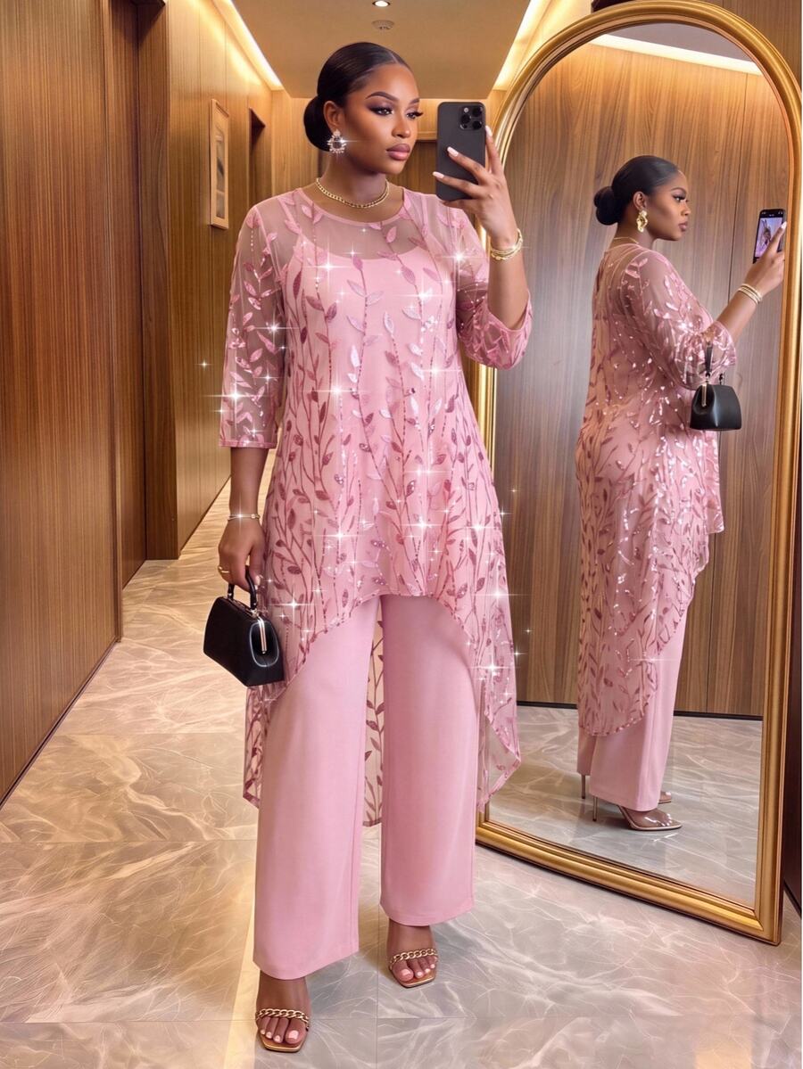 SHEIN Lady CURVE Plus Size Women's Botanical Sequin Mesh Asymmetric Hem Top And Wide Leg Pants Set Party Wedding Cocktail Pink Elegant - Pink - View 1