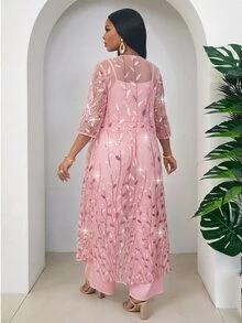 SHEIN Lady CURVE Plus Size Women's Botanical Sequin Mesh Asymmetric Hem Top And Wide Leg Pants Set Party Wedding Cocktail Pink Elegant - Pink - View 2