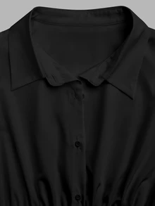 Sweetra 休閒極簡白色 Polo 領長袖連身衣，修身顯腰身百搭上衣，秋冬款 - 黑色 - 查看 8