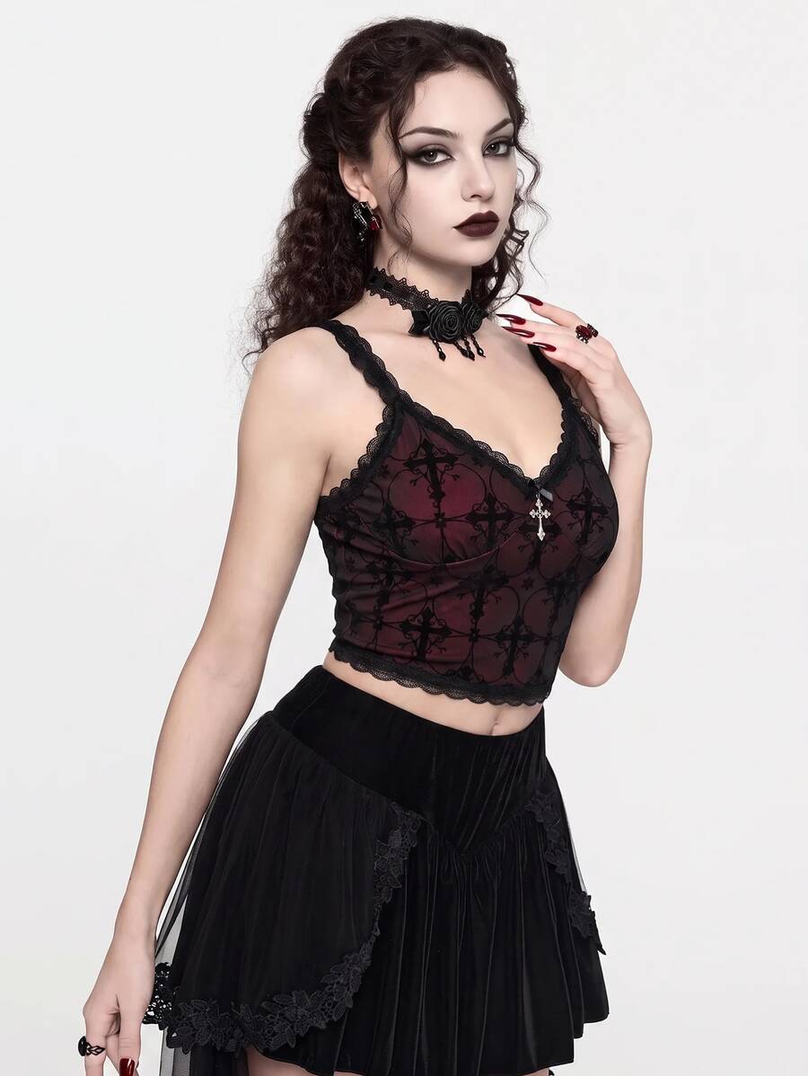 ROMWE Goth Ladies' Lace Patchwork Camisole Tank Top - Black - View 1