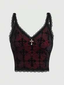 ROMWE Goth Ladies' Lace Patchwork Camisole Tank Top - Black - View 1