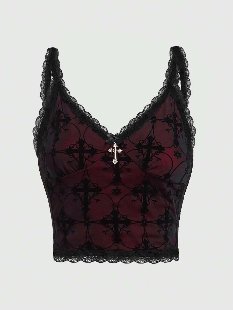 ROMWE Goth Ladies' Lace Patchwork Camisole Tank Top - Black - View 1