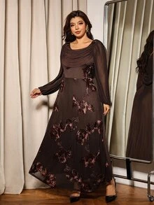 Elaquor Plus Size Women's Jacquard Casual Party Dress - Brown - View 3
