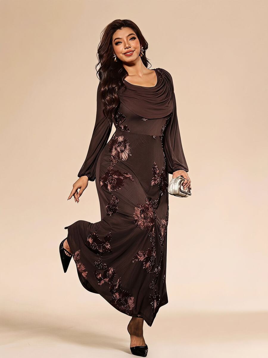Elaquor Plus Size Women's Jacquard Casual Party Dress - Brown - View 1