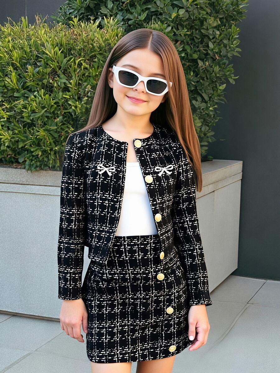 Firerie Kids Firerie Kids Tween Girl Urban Chic Plaid Bow Print Long Sleeve Jacket And Mini Skirt Set - Multicolor - View 1