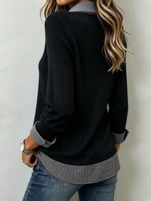 EMERY ROSE 休閒女款拼色翻領鈕扣設計長袖上衣 - 彩色 - 查看 2