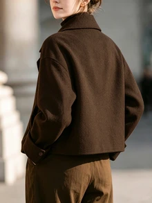Balvessa Women's Solid Color Lapel Neck Long Sleeve Double-Breasted Overcoat Office Dark Brown Fall Casual - Coffee Brown - View 2