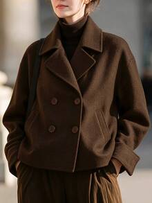 Balvessa Women's Solid Color Lapel Neck Long Sleeve Double-Breasted Overcoat Office Dark Brown Fall Casual - Coffee Brown - View 3