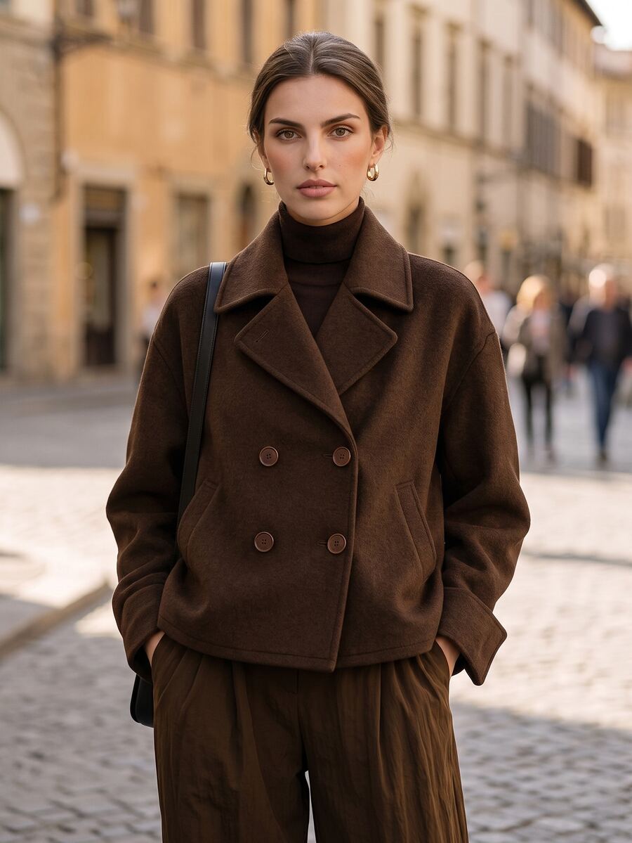 Balvessa Women's Solid Color Lapel Neck Long Sleeve Double-Breasted Overcoat Office Dark Brown Fall Casual - Coffee Brown - View 1
