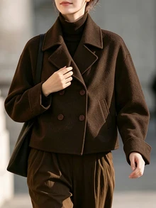 Balvessa Women's Solid Color Lapel Neck Long Sleeve Double-Breasted Overcoat Office Dark Brown Fall Casual - Coffee Brown - View 5