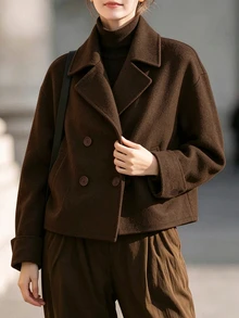 Balvessa Women's Solid Color Lapel Neck Long Sleeve Double-Breasted Overcoat Office Dark Brown Fall Casual - Coffee Brown - View 6
