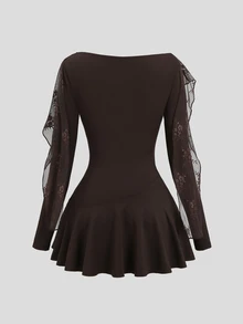 Sweetra New Elegant Commuter Fashion Streetwear Lace Patchwork Ribbon Long Sleeve Cinched Cinched Waist Coffee Mini Dress - Coffee Brown - View 2